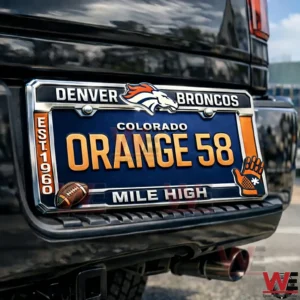 Denver Broncos Colorado license plate on a black vehicle showing Orange 58 Mile High text and team logo with football and glove graphics!