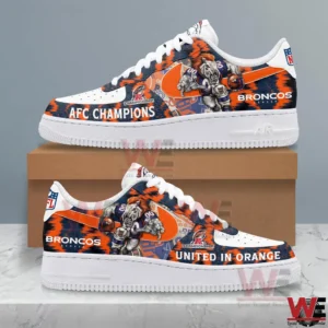 Side view of Denver Broncos themed sneakers with orange blue colors and team graphics!