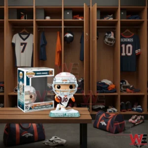 A Denver Broncos summit white Christmas game edition football figure sits on a bench in a locker room with team equipment behind it!