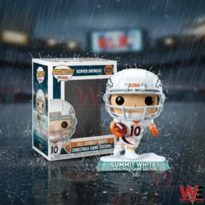 A Denver Broncos summit white Christmas game edition football figure and box are shown in rainy conditions on a reflective surface!