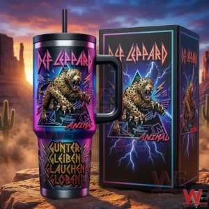 Def Leppard themed tumbler with roaring leopard artwork handle lid straw displayed next to a matching collector box in a desert background!