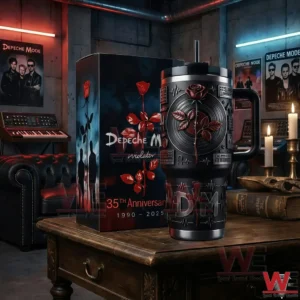 Depeche Mode 35th Annviersary 1990-2025 Tumbler 3 Depeche Mode anniversary tumbler with collector box on table!