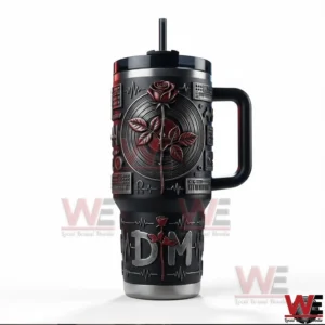 Black handled tumbler with red rose vinyl record emblem and music themed embossed details on a white background!