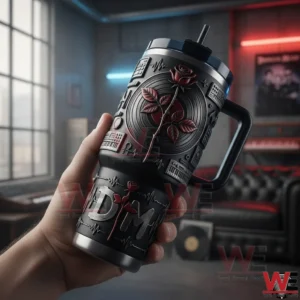 Hand holding a black handled tumbler with red rose vinyl record emblem and music themed embossed details in a dark studio room!