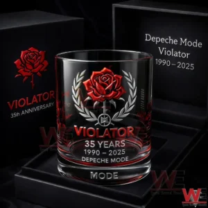 Depeche Mode Violator 1990-2025 Whiskey Glass 3 A Depeche Mode themed whiskey glass displayed with black gift boxes and red rose artwork!