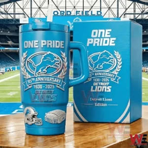 Blue Detroit Lions One Pride tumbler with handle and straw next to a matching 95th anniversary 1930 2025 gift box with lion crest and laurel wreath design