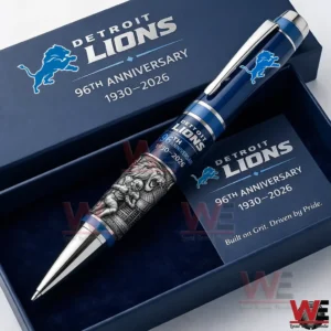 Detroit Lions anniversary pen in a navy gift box with team logo and bold 1930 2026 commemorative text.
