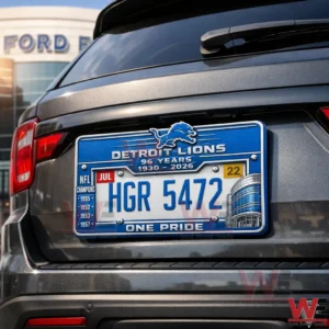 Rear view of a gray Ford SUV showing a Detroit Lions themed license plate frame with the number HGR 5472 and Detroit Lions One Pride text!