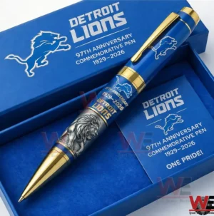 Premium Detroit Lions anniversary pen set in blue and gold inside a branded gift box with logo and 97th Anniversary 1929 2026 text.