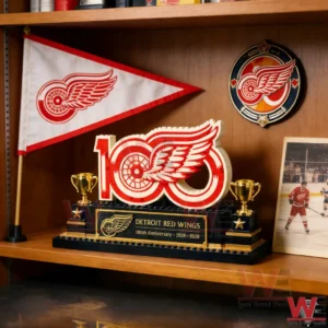 Detroit Red Wings 100th anniversary brick display on a shelf with team memorabilia!