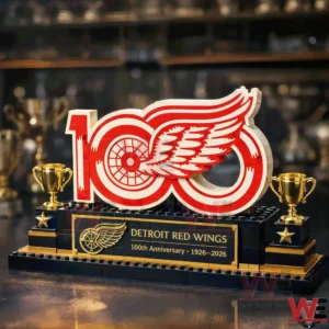 Close up of a Detroit Red Wings 100th anniversary brick display with winged wheel logo!