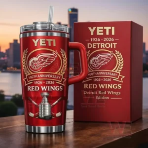 A red insulated tumbler with handle lid and straw showing Detroit Red Wings 100th anniversary 1926 2026 graphics with a matching red gift box featuring the same winged wheel emblem and commemorative text!