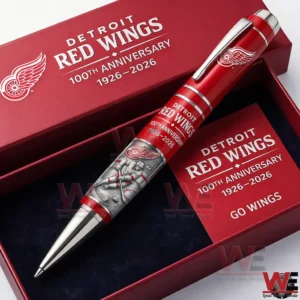 Red and silver Detroit Red Wings commemorative anniversary pen inside an open gift box with team logo and one hundredth anniversary 1926 to 2026 text!
