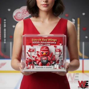 Brick built red octopus display themed around Detroit Red Wings inside a clear showcase box!