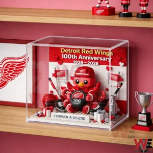 Detroit Red Wings themed octopus brick display in a clear case on a shelf!