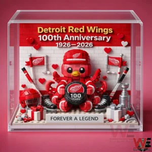 Close up of Detroit Red Wings octopus brick figure inside a clear display box!