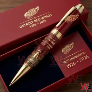 A Detroit Red Wings Themed Burgundy And Gold Pen Shown In A Gift Box With The Team Winged Wheel Logo And 100th Anniversary Text!