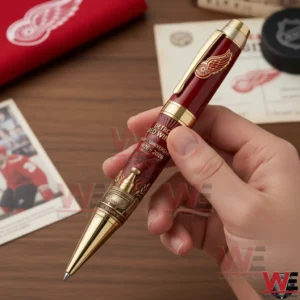 A Close Up Of A Detroit Red Wings Collectible Pen In A Person Hand With The Winged Wheel Logo And Anniversary Artwork!