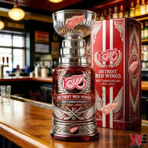 Detroit Red Wings whiskey bottle designed like a trophy standing on a bar counter with detailed red and silver graphics!