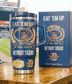 Navy Detroit Tigers anniversary insulated travel mug with handle and straw beside a matching gift box with a baseball stadium background!