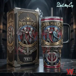 Devil May Cry themed insulated tumbler with ornate artwork and matching presentation box!