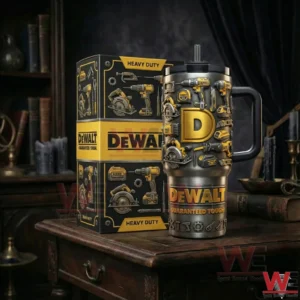 Industrial style insulated tumbler with tool design and handle standing next to a matching box on a wooden table!