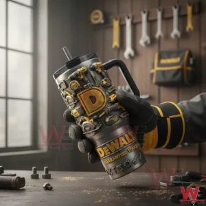 Gloved hand holding an industrial themed insulated tumbler with handle inside a workshop setting!