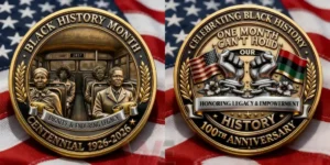 A close view of a Black History Month commemorative coin showing intricate relief designs and meaningful heritage imagery!