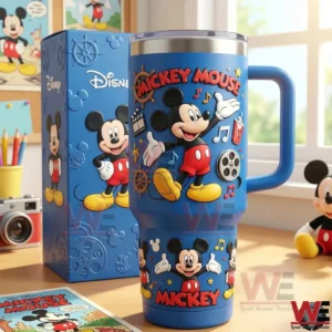 Blue insulated tumbler with handle featuring classic Mickey Mouse design!