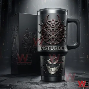 Disturbed insulated tumbler with handle next to a matching black gift box in a dark studio setting with dramatic lighting and subtle sparks!