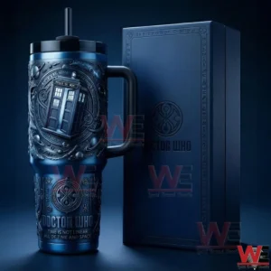 Blue science fiction tumbler with handle featuring a police box design next to a matching blue presentation box!