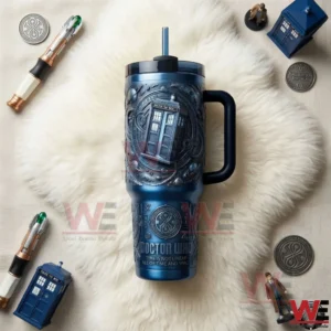 Top view of blue science fiction tumbler with handle on white fur background with themed accessories!