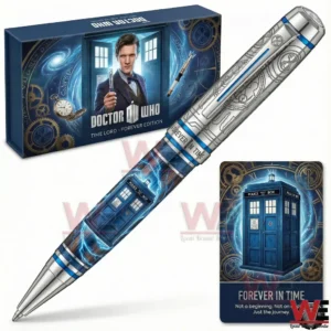 Doctor Who collectible pen with silver engraved body blue TARDIS lightning design shown with themed gift box and matching Forever In Time card.