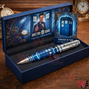 Open Doctor Who gift box showing a blue TARDIS themed pen with lightning artwork and a matching collectible card in a time travel style setting.