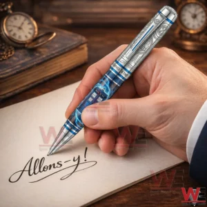 Hand writing on paper with a silver and blue Doctor Who pen featuring a TARDIS and lightning design on a vintage desk background.