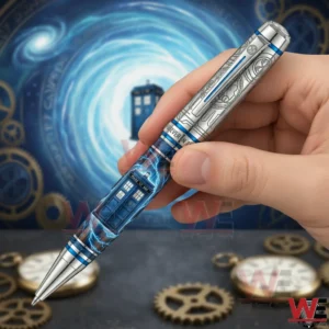 Hand holding a Doctor Who pen with blue TARDIS lightning artwork against a glowing time vortex background with gears and clock elements.