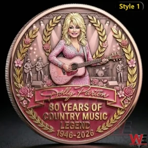 Commemorative country music coin depicting a legendary female guitarist on stage with decorative roses laurel wreaths and anniversary text!