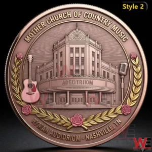 Dolly Parton 80 Years of Country Music Legend 1946-2026 Coin 4 Country music heritage coin showing a classic auditorium building with guitar microphone laurel wreath and rose decorations!