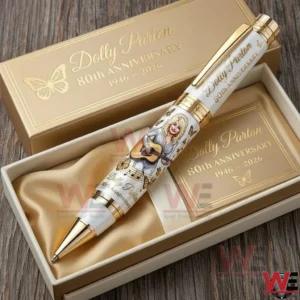 Dolly Parton commemorative pen placed in a refined gift box with soft fabric and elegant decorative accents!
