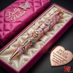 Dolly Parton themed collectible pen displayed in a pink satin lined gift box with sculpted portrait and decorative details!