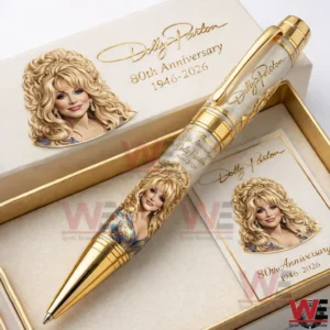 Gold and white Dolly Parton anniversary pen set displayed in an open gift box with matching card and elegant commemorative text!