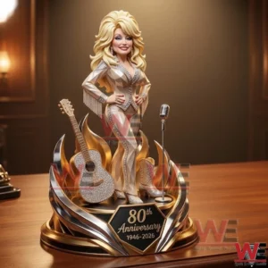 A music themed collectible figure featuring a singer in a shining outfit with guitar microphone and anniversary base displayed on a wooden surface!