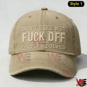 Front view of a beige baseball cap with bold embroidered text and a curved stitched brim!