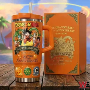 Dragon Ball forty year anniversary tumbler with character artwork and premium box in an outdoor setting!