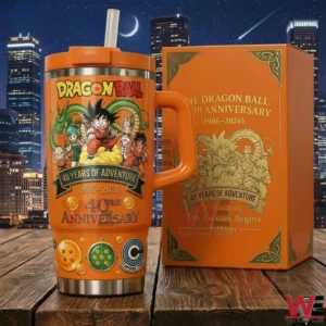 Dragon Ball 40 Years of Adventure 1986-2026 Tumbler 4 Dragon Ball forty year anniversary tumbler with illustrated characters shown with box and city night view!