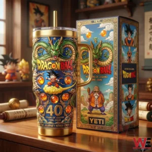 Dragon Ball anniversary tumbler with ornate dragon artwork and matching collector box displayed on a wooden desk!