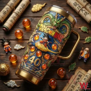 Dragon Ball 40 Years of Legend 1986-2026 Yeti Tumbler 5 Dragon Ball themed tumbler lying on a wooden table with character figures Dragon Balls and scroll decorations!