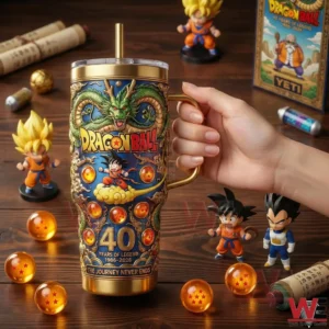 Dragon Ball 40 Years of Legend 1986-2026 Yeti Tumbler 6 Hand holding a Dragon Ball themed tumbler surrounded by character figures and orange Dragon Balls!