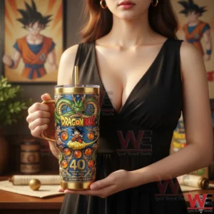 Dragon Ball 40 Years of Legend 1986-2026 Yeti Tumbler 7 Woman holding a Dragon Ball themed insulated tumbler indoors with character art in the background!