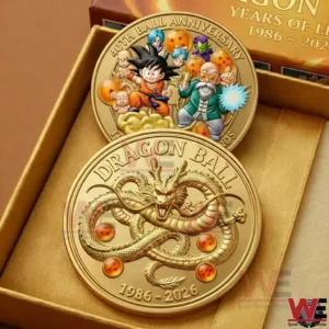 A Dragon Ball anniversary coin set displayed in a presentation box featuring character artwork on one side and a coiled dragon emblem on the reverse!